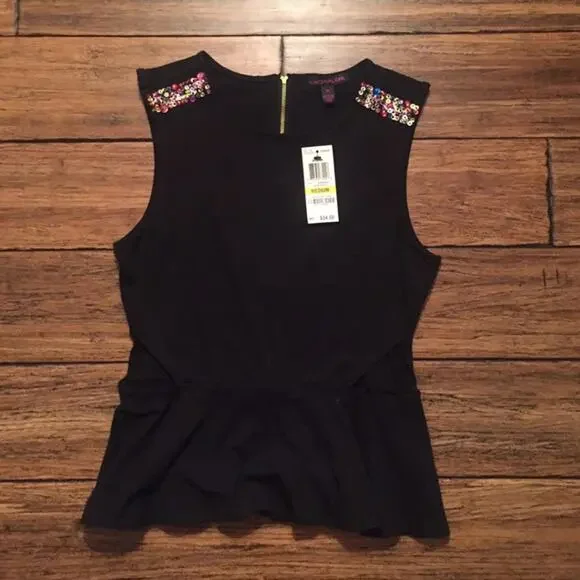 Material Girl Top Black Peplum with Side Cut Outs - Picture 2 of 4